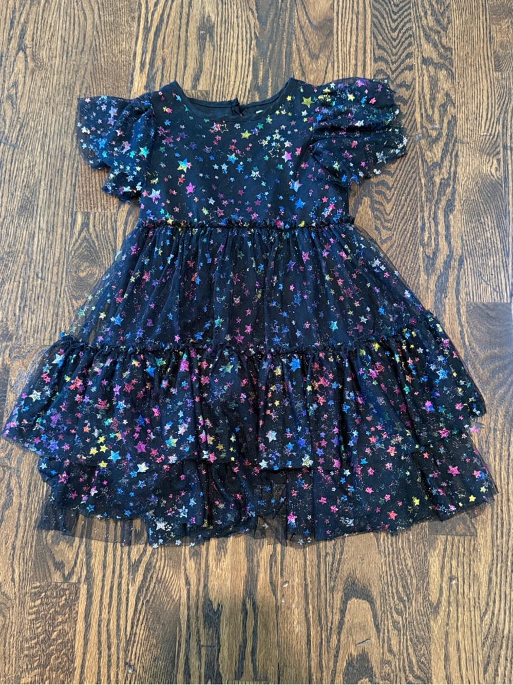 Lola + The Boys Black Tulle Tiered Dress with Multicolor Star Print